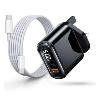 1 套 18W 英国插头快速充电壁式适配器 + 6.6 英尺/100 厘米高速数据传输快速充电线，兼容 iPhone 15 Pro Max/15 Pro/15 Plus/15、三星 S24/S23/S22/S21/S20 Ultra Plus 系列