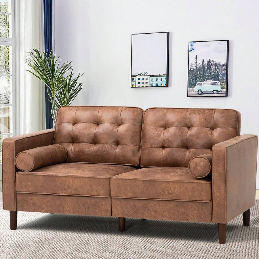Lesofair 67" Faux Leather 2-Seat Sofa With 2 Bolster Pillows, Tufted Loveseat With Wooden Legs, Morden Sofa Suitable For Living Room, Office - 棕色 - 查看 1