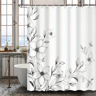 Floral Pattern Shower Curtain - Stunning Black & White Modern Floral Design, Waterproof & Machine Washable Polyester Fabric, Metal Grommets Top, Unlined Woven Curtain With 12 Hooks, Suitable For Bathroom Decor, Autumn Bathroom Accessory, Back To School Essential