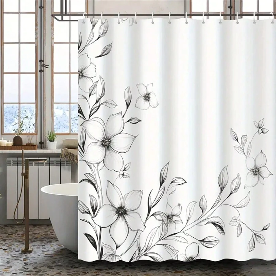 Floral Shower Curtain - Stunning Black And White Modern Flower Design, Water-Resistant And Machine Washable Polyester Fabric, Grommet Top, Unlined Woven Bath Curtain For Bathroom Decor With 12 Hooks Fall Decor Bathroom Accessories Back To School