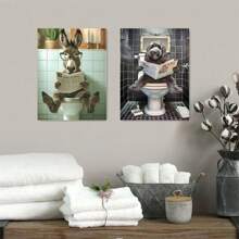 2 pièces Affiche sur canevas avec animaux humoristiques, Art sur canevas avec un âne drôle sur les toilettes - Retriever doré noir lisant des journaux sur les toilettes, Décoration murale créative pour salle de bain, Décoration de chambre à coucher, SANS cadre