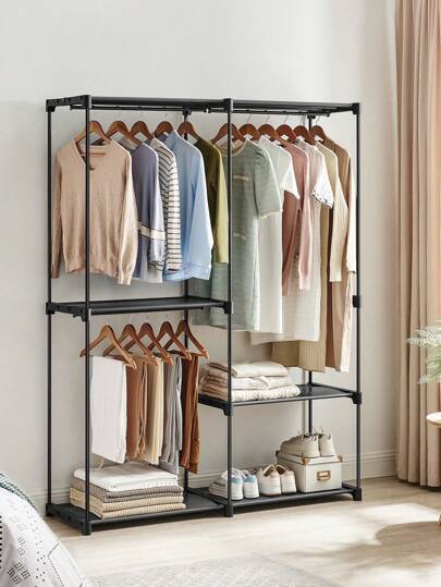 SONGMICS HOME Clothes Wardrobe, Portable Closet, Clothes Garment Rack, 43 X 138 X 182 Cm, 3 Hanging Rods And Shelves, Large Capacity For Bedroom, Living Room, Laundry Room, Black, Black