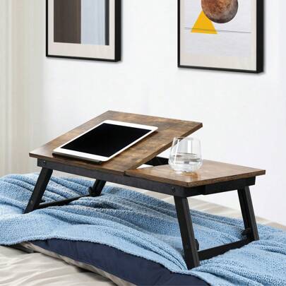 SONGMICS Laptop Desk For Bed Or Sofa With Adjustable Tilting Top, Breakfast Serving Tray With Height Adjustable Folding Legs, Fits Screen Size Up To 15.6 Inches, Floor Desk, Rustic Brown