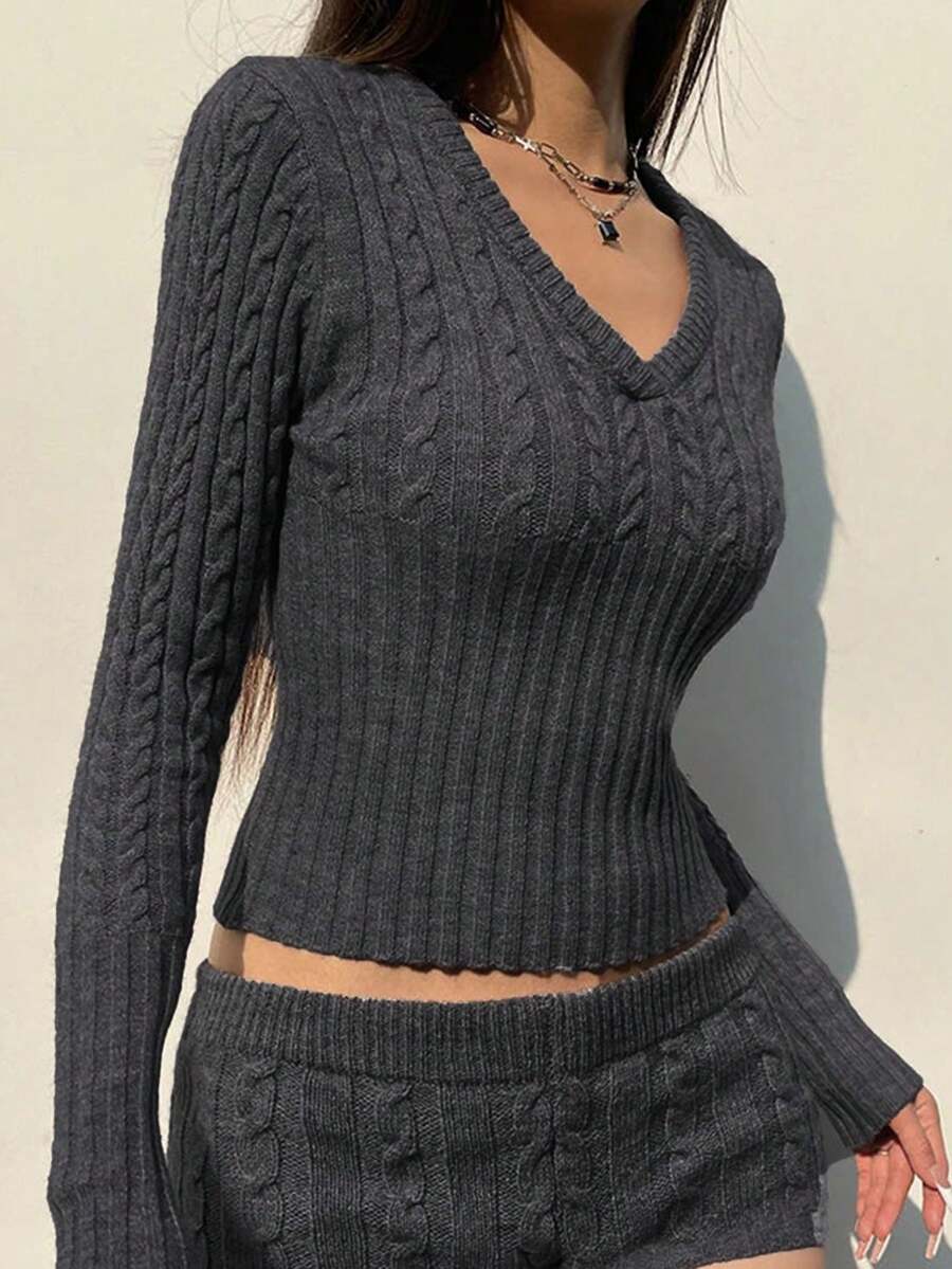 Women Casual Twisting Knit V-Neck Pullover Sweater Top, Suitable For Daily, Sports And Commute (Pants Not Included), Autumn/Winter