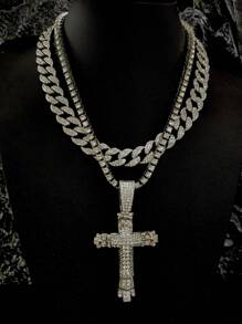 1 件男士新品超大吊坠项链，时尚镶钻合金项链适合男女日常佩戴