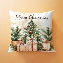 1pc Christmas Watercolor Plant Christmas Tree Pillow Cover, Single-Sided Printed Soft Peach Velvet Material, 45*45/50*50/40*40CM Cushion Cover For Modern Fabric Sofa Indoor Decor, Party Decoration, Gift - Multicolor - View 7