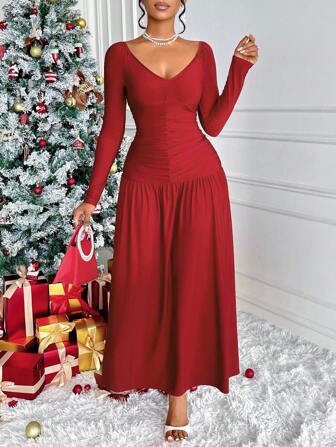 Vestido ajustado con escote en V profundo, volantes y bajo asimétrico en color rojo romántico, estilo europeo y americano, sexy para mujeres Amarilo, ideal para fiestas de Navidad, fiestas diarias, citas de San Valentín, despedida de soltero
