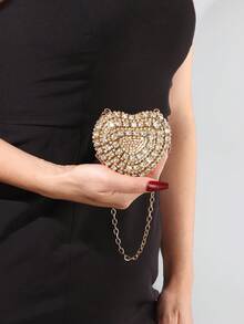 Túi xách buổi tối cho nữ, Túi đeo chéo hình trái tim nhỏ có trang trí ngọc trai giả và đá giả, Thích hợp cho trang phục, đám cưới, tiệc tùng, khiêu vũ, hộp đựng son môi, quà tặng sinh nhật, quà tặng ngày lễ tình nhân - Vàng - Xem 2
