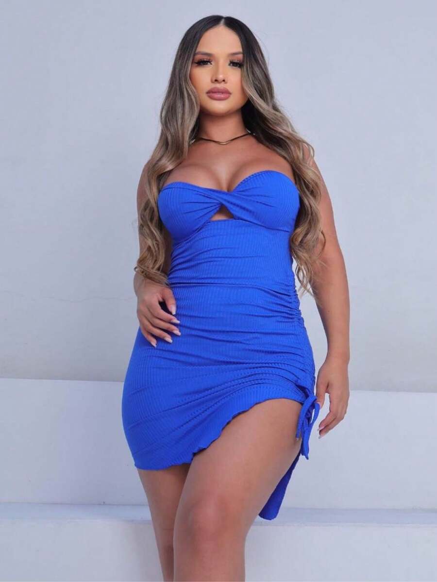 Short Strapless Ribbed Dress - 藍色 - 查看 1