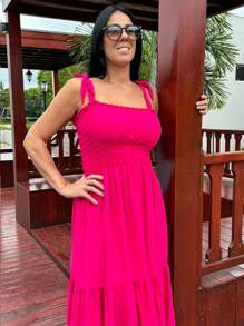 Midi Dress With Straps And Elastic On The Bust And Perfect Fit With Gathering And Tie Straps - Màu Hồng Tươi - Xem 4
