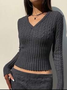 Women Casual Twisting Knit V-Neck Pullover Sweater Top, Suitable For Daily, Sports And Commute (Pants Not Included), Autumn/Winter