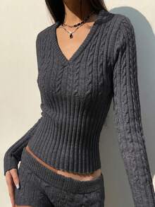 Women Casual Twisting Knit V-Neck Pullover Sweater Top, Suitable For Daily, Sports And Commute (Pants Not Included), Autumn/Winter