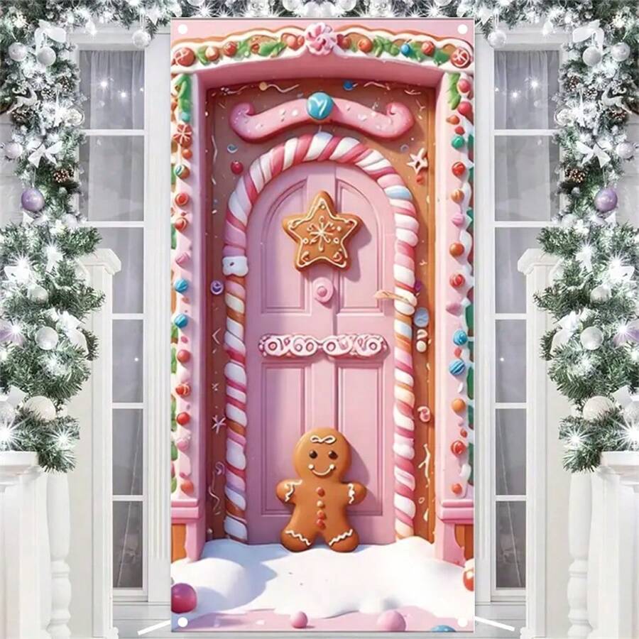 1 tấm phông nền tiệc Người bánh gừng màu hồng, Người bánh gừng màu hồng & Họa tiết tuyết kẹo, Biểu ngữ nền chất liệu polyester 70,8 * 35,4 inch, Thích hợp để trang trí treo khung cửa tiệc năm mới, Biểu ngữ trang trí không khí tiệc hàng ngày - Hồng - Xem 1