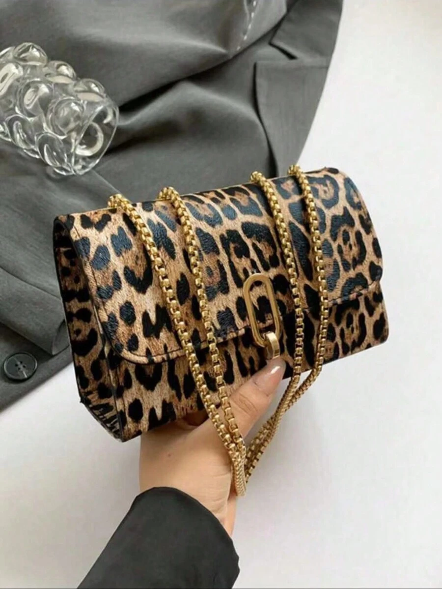 1 chiếc túi vuông mini họa tiết da báo thời trang cổ điển có nắp mở, túi đeo vai bằng kim loại có dây xích đôi, có thể điều chỉnh thành túi đeo chéo, phù hợp cho phụ nữ sử dụng hàng ngày và học sinh sử dụng thường ngày, túi thời trang, túi họa tiết da báo thời trang, túi họa tiết da báo cho phụ nữ trở lại với họa tiết da báo - Nhiều màu - Xem 1