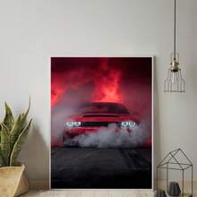 装饰艺术现代肌肉车海报 - 经典红色车辆帆布艺术印刷品，无框家庭办公室客厅卧室装饰，室内高品质赛车主题绘画，适合汽车爱好者，1 幅 - A - 查看 1