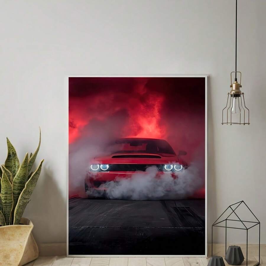 装饰艺术现代肌肉车海报 - 经典红色车辆帆布艺术印刷品，无框家庭办公室客厅卧室装饰，室内高品质赛车主题绘画，适合汽车爱好者，1 幅 - A - 查看 1
