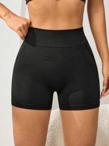 女士无缝高腰收腹瑜伽短裤，适合健身、普拉提、户外、休闲、健身房 - 黑色 - 黑色 - 查看 4