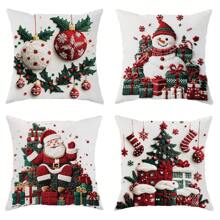 4pcs Christmas Tree Santa Snowman Gift Velvet Throw Pillow Covers Imitation Embroidery Cute Red Green Cosy Soft Decorative Pillowcases One Sided Printing 18in*18in For Xmas Winter Living Room Bedroom Sofa Bed Decor Without Pillow Inserts - Green - View 1