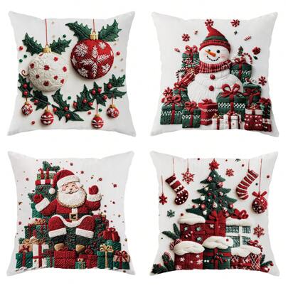 4pcs Christmas Tree Santa Snowman Gift Velvet Throw Pillow Covers Imitation Embroidery Cute Red Green Cosy Soft Decorative Pillowcases One Sided Printing 18in*18in For Xmas Winter Living Room Bedroom Sofa Bed Decor Without Pillow Inserts
