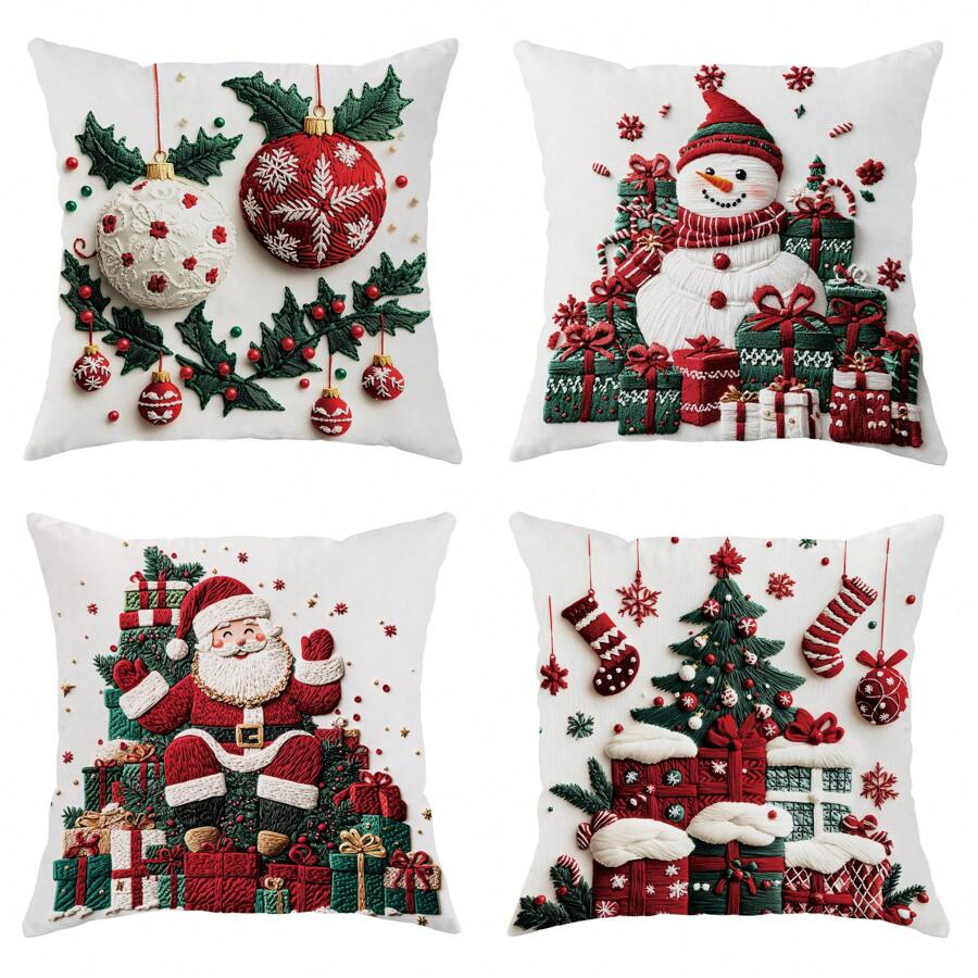 4pcs Christmas Tree Santa Snowman Gift Velvet Throw Pillow Covers Imitation Embroidery Cute Red Green Cosy Soft Decorative Pillowcases One Sided Printing 18in*18in For Xmas Winter Living Room Bedroom Sofa Bed Decor Without Pillow Inserts - Green - View 1