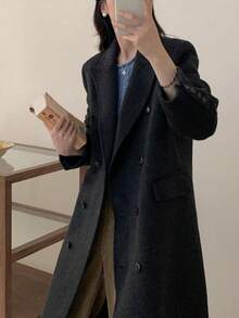 Women's Classic Double-Faced Wool Coat – Solid Color, Structured Shoulders, Blazer Collar, Double-Breasted. Elegant And Versatile For Commuting In Fall And Winter. - Carbon Black - View 4