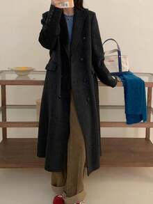 Women's Classic Double-Faced Wool Coat – Solid Color, Structured Shoulders, Blazer Collar, Double-Breasted. Elegant And Versatile For Commuting In Fall And Winter. - Carbon Black - View 6