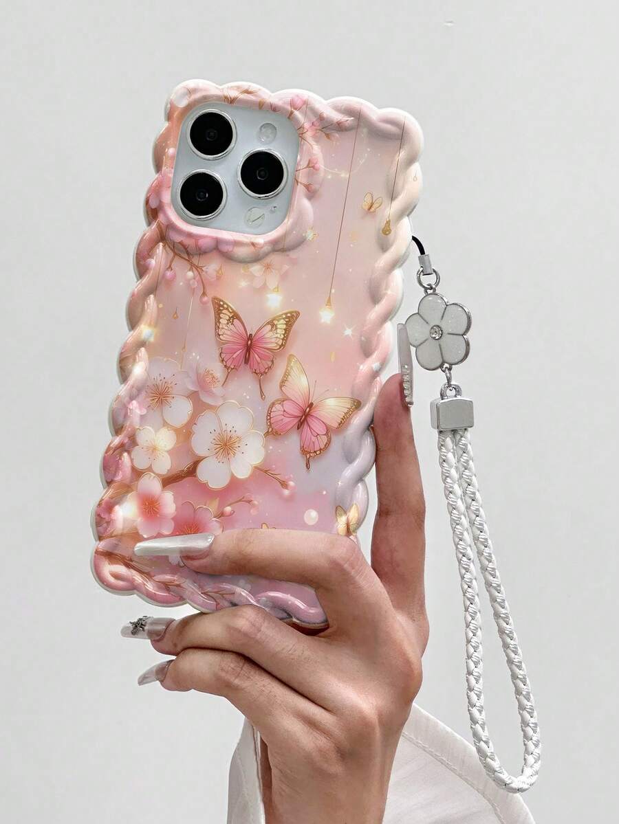 美学蝴蝶彩色编织绳，白色防掉落编织花链，装饰链兼容 Iphone 16 Pro Max/IPhone 16、新款 IPhone 14、IPhone 15、XS、XR、7/8 Plus，可爱时尚，防震手机壳 - 彩色 - 查看 1