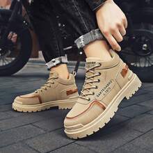 男士高帮系带运动鞋透气运动鞋，英伦风休闲鞋，防滑工作靴，多功能劳保鞋 - 卡其色 - 查看 2