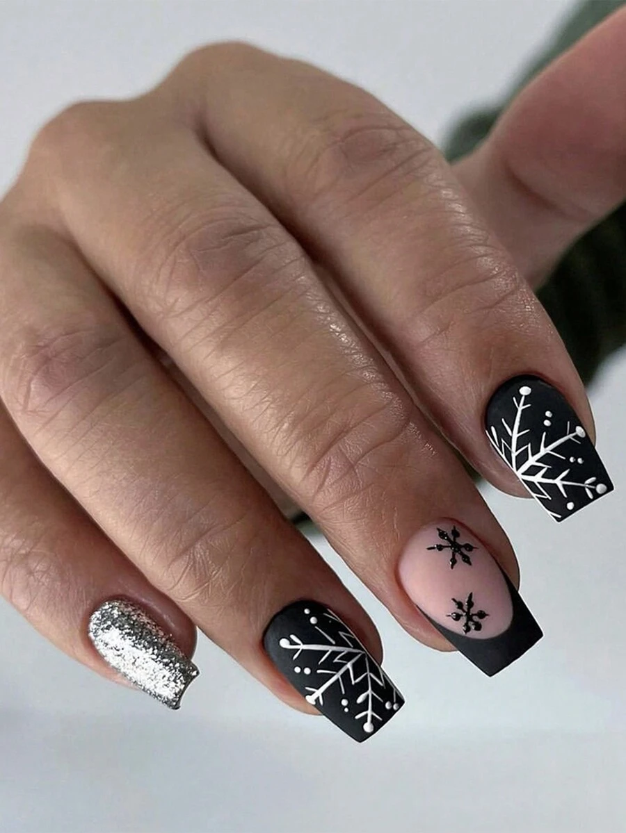 24 片短方形按压式雪花圣诞辣妹假指甲，含 1 瓶指甲胶和 1 把指甲锉，适合女性佩戴，3D 派对按压式假指甲 - 彩色 - 查看 1