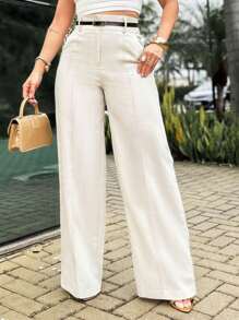 EMILI LULU RUNS4 Women's Wide Leg Pants In Viscose With Thin Belt - Màu be - Xem 1