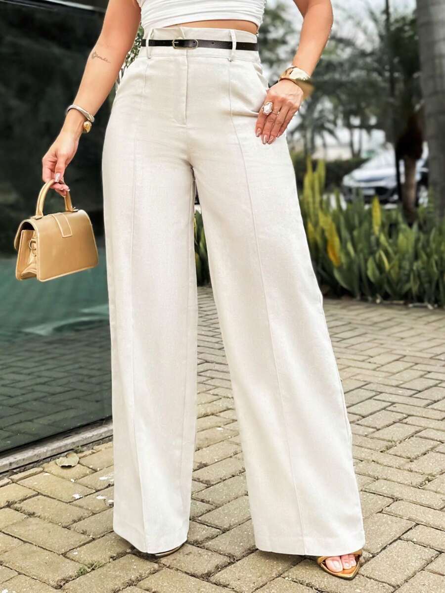 EMILI LULU RUNS4 Women's Wide Leg Pants In Viscose With Thin Belt - Màu be - Xem 1