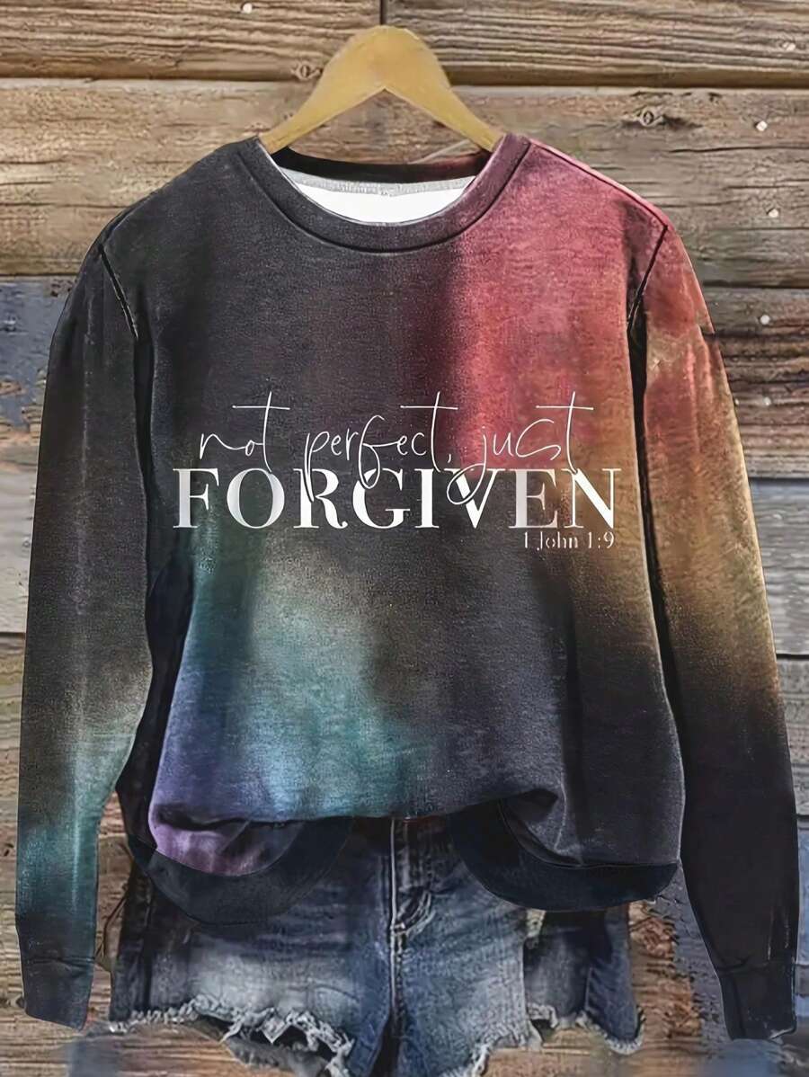 Plus Size English Text Ombre Print Crew Neck Sweatshirt Casual Black Spring - Black - View 1