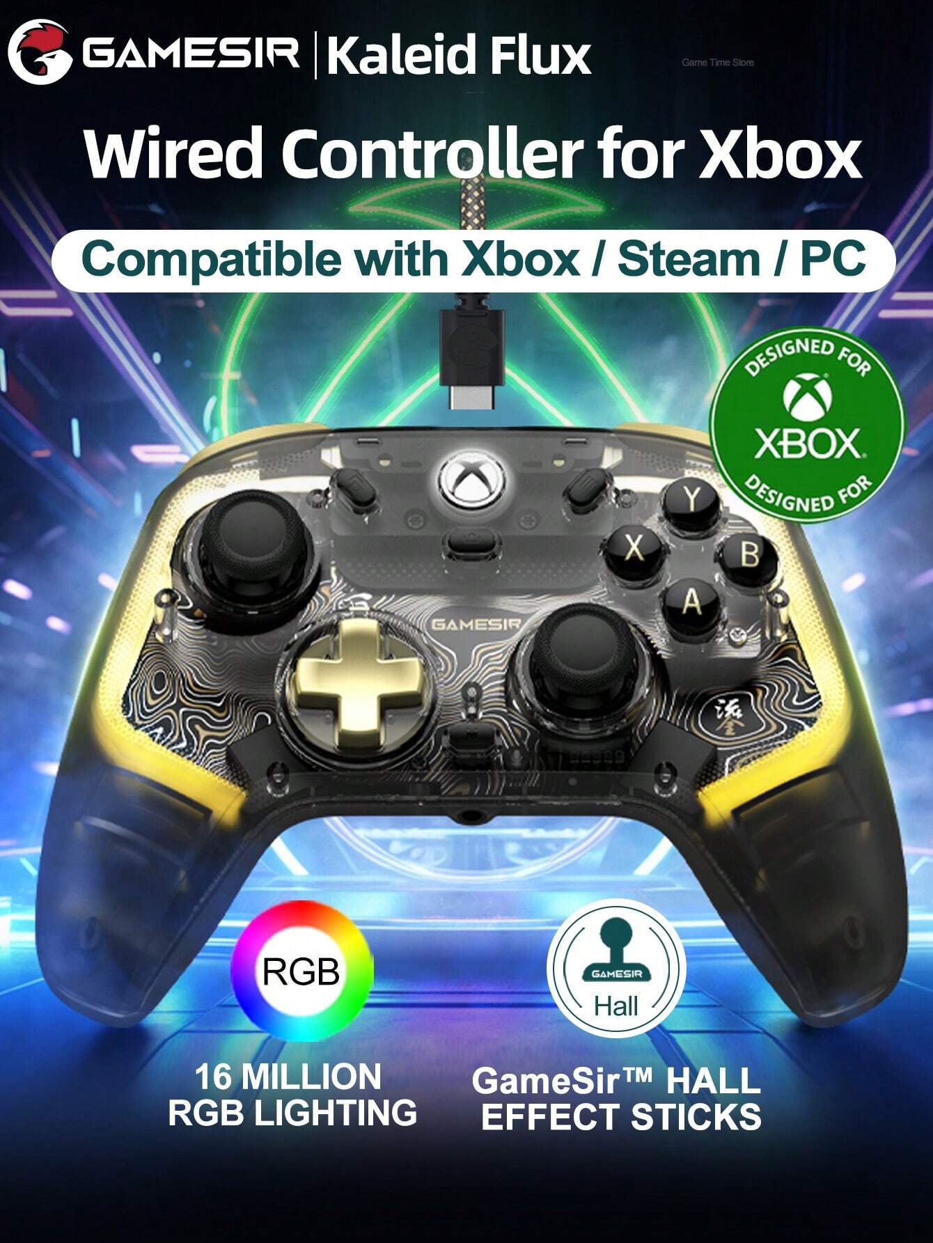 Gamesir RGB Lighting Controller متوافق مع سلسلة Xbox Series X/S Kaleid/Kaleid Flux Gamepads PC متوافقة مع Xbox One Controle مرخص رسميًا من قبل Microsoft Game Console Sticks for PC Win10 11 Steam مع Hall Effect Modsticks and Triggers 4 Rumble Motors 1000Hz REATION | مقاس: حجم واحد