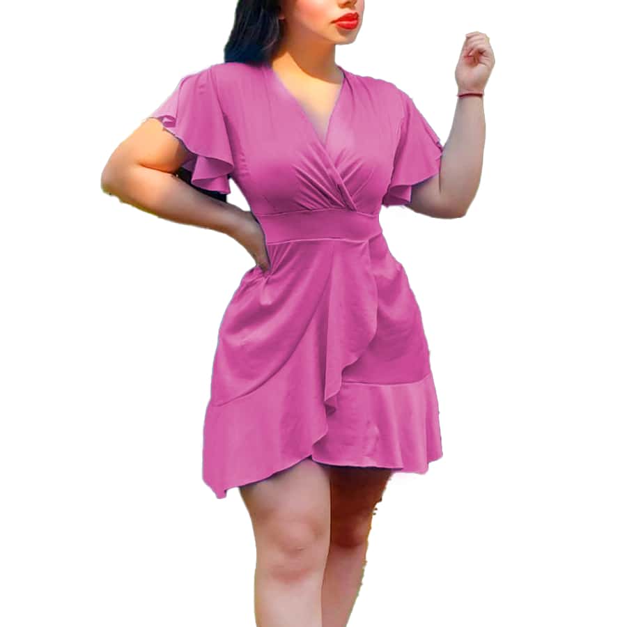 V-Cut Ruffle Dress - Hot Pink - View 1