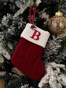 24pcs Knitted Christmas Stockings With Embroidered Letters, Red, Christmas Tree Decorations - Red Letter Socks - View 15