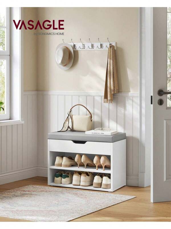 VASAGLE Shoe Bench With Cushion, Storage Bench With Padded Seat, Hallway Bench With 3 Compartments, 30 X 60 X 44 Cm, For Bedroom, Living Room, Cloud White