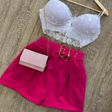 Plus Size Set Tailored Shorts + Seduction Chanty Cropped Top In Lace With Tie At The Back - 粉色 - 查看 1