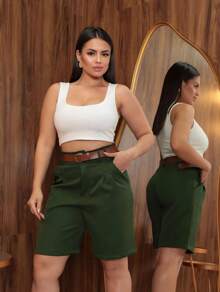 Women's Tailored Bermuda Shorts With Leather Belt - 獵人綠 - 查看 3