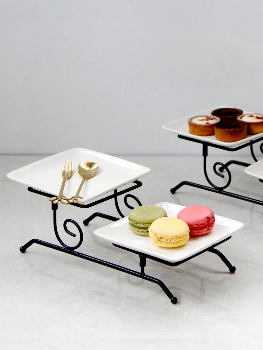 1 套 2 层陶瓷托盘，简约风格蛋糕架，适合万圣节、圣诞节礼物、婚礼、派对、下午茶、甜点、水果