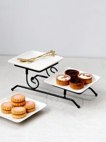 1 套 2 层陶瓷托盘，简约风格蛋糕架，适合万圣节、圣诞节礼物、婚礼、派对、下午茶、甜点、水果