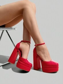 Women Platform High Chunky Block Heels Pumps Square Closed Toe Ankle Strap Solid Color Wedding Party Prom Festival Shoes - Đỏ - Xem 3