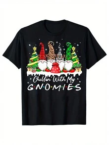 Christmas Atmosphere Gift With Gnomies Cartoon Print Men's Cotton Short Sleeve T-Shirt 190gsm - màu đen - Xem 1