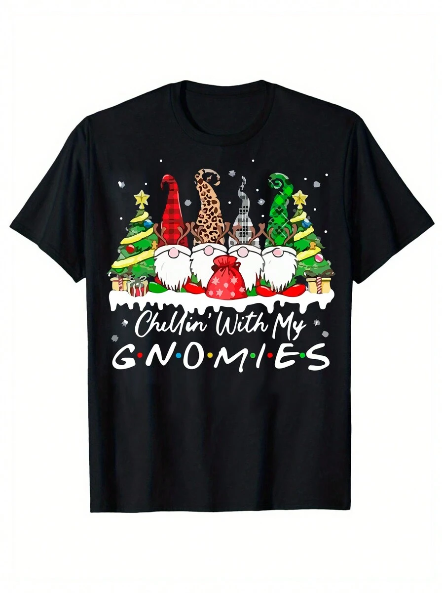 Christmas Atmosphere Gift With Gnomies Cartoon Print Men's Cotton Short Sleeve T-Shirt 190gsm - màu đen - Xem 1