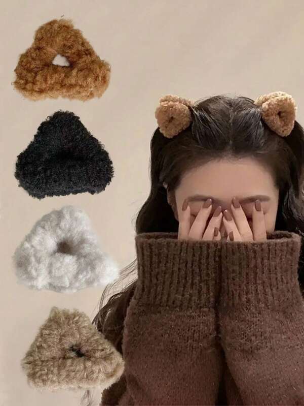 2pcs Women Cute Fluffy Cat Ear Triangle Faux Fur Hair Clips Bangs Hair Accessories, Elegant Boho Style Suitable For Daily Wear Hair Claws Claw Clips Hair Jaw Clip Hair Clamps Hair Clutch Hair Catcher Clip