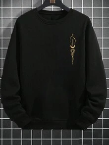 男士纹身图案印花圆领宽松套头运动衫，时尚风格 - 黑色 - 查看 4