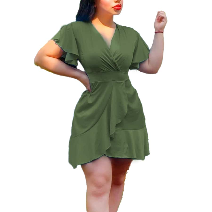 V-Cut Ruffle Dress - Army Green - View 1