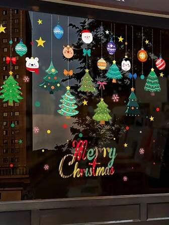 1 Lindo árbol de Navidad de dibujos animados, pegatina colgante con patrón de Papá Noel, pegatina para ventana, pegatina estática para puerta de vidrio de tienda, decoración de escena adecuada para decoración navideña del hogar
