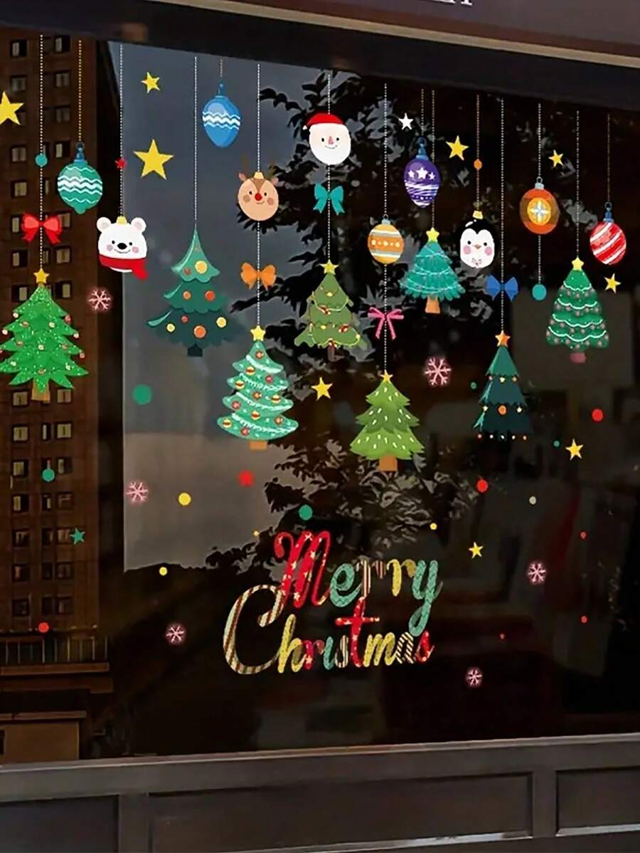 1 süßer Cartoon Weihnachtsbaum, Weihnachtsmann Muster Aufkleber zum Aufhängen, Fensteraufkleber, Schaufenster Glastür statischer Aufkleber Szene Dekoration, geeignet für Feiertags-Heim-Dekoration, Weihnachten - Verschiedenfarbig - Übersicht 1