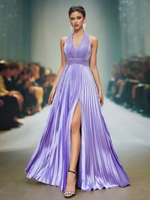 Women V-Neck Halter Pleated Backless High Slit Dress Party Dress Wedding Guest Dress Formal Dress Evening Dress - Purple - View 6
