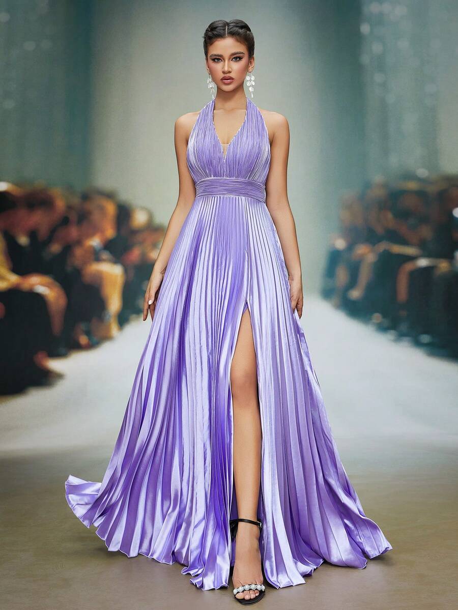 Women V-Neck Halter Pleated Backless High Slit Dress Party Dress Wedding Guest Dress Formal Dress Evening Dress - Purple - View 1